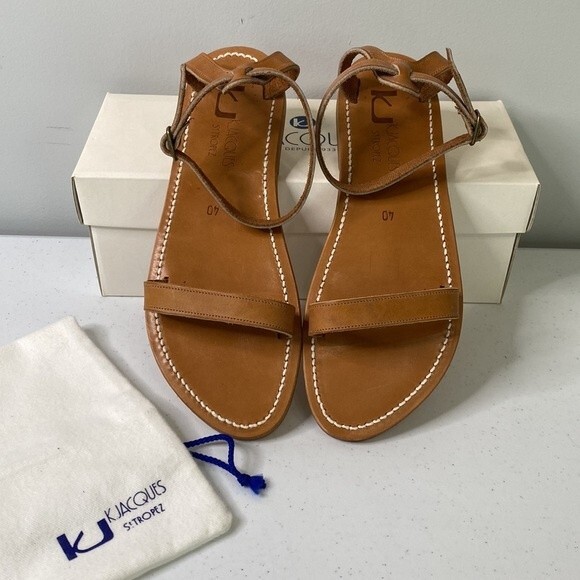K.Jacques Laura Flat Sandals Pul Natural Handmade Leather Double-Strap - Picture 4 of 15